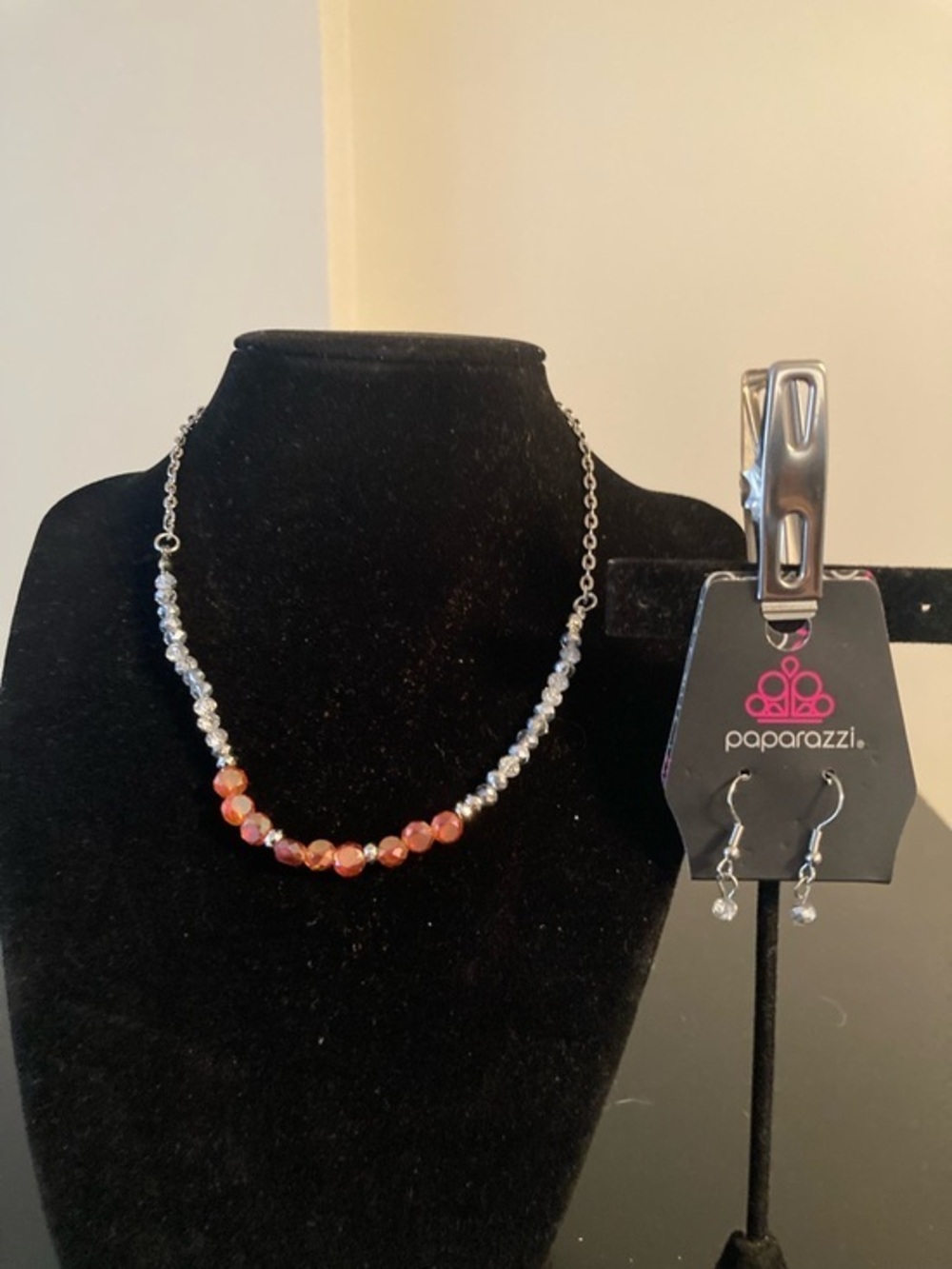 paparazzi Orange and Silver Faceted Bead Necklace with Matching Earrings